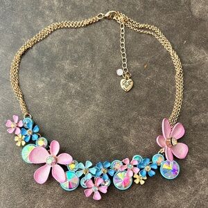 Betsey Johnson Pink and Blue Floral and Jeweled Necklace
